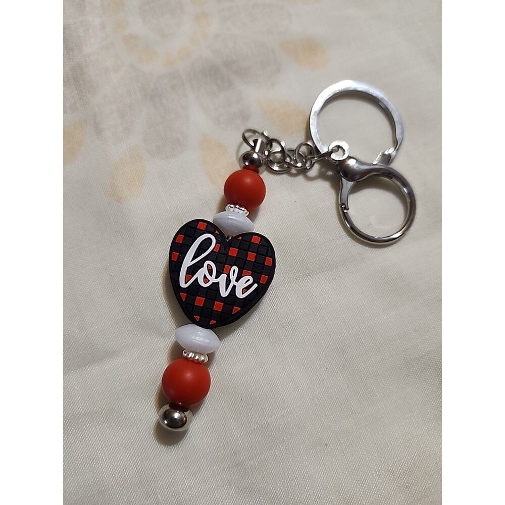 Silicone Bead Keychain Black Red Checkered 'LOVE' Handmade